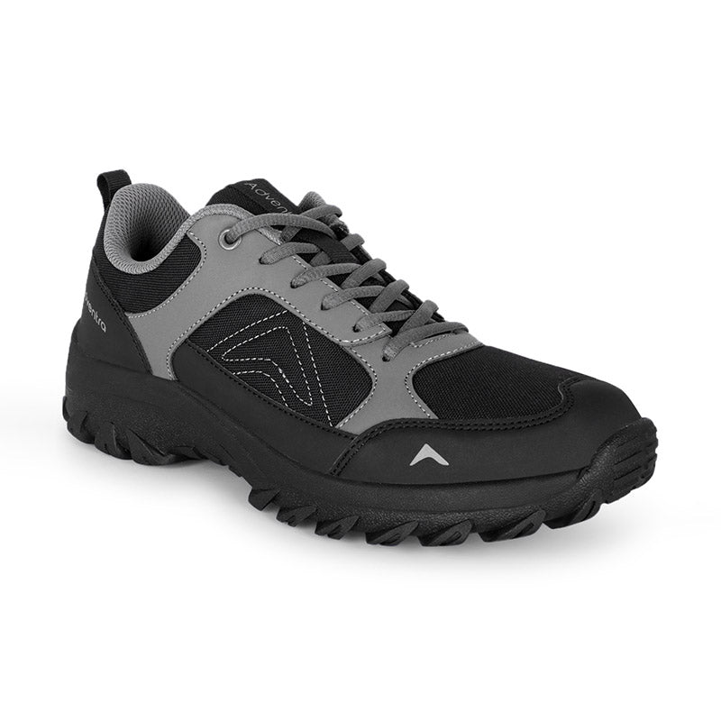 Adventra men's low ankle hiking shoes in gray and black with durable soles and padded ankle support, suitable for outdoor hiking.