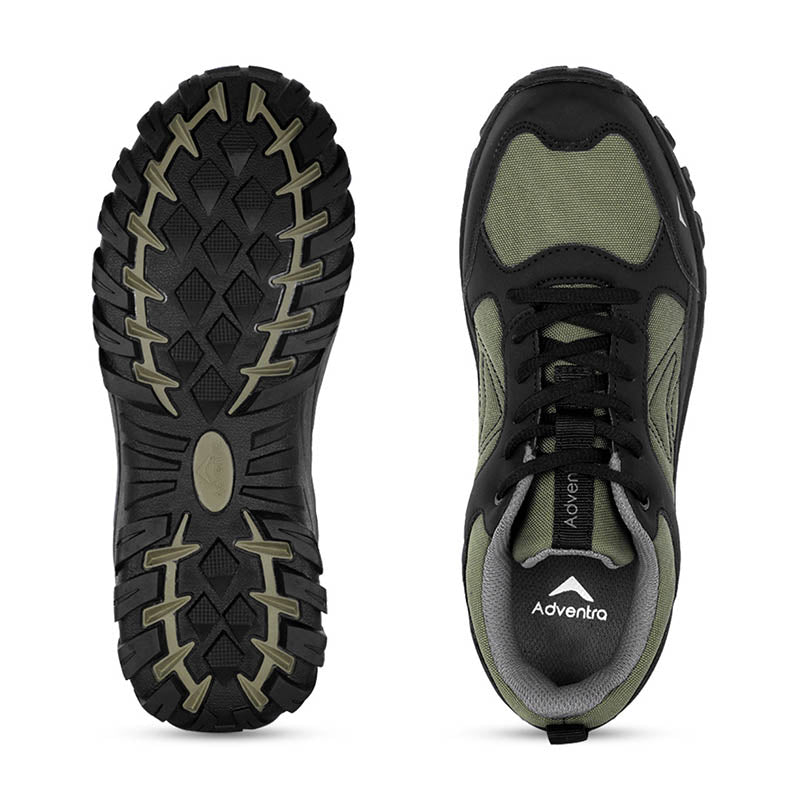 Adventra men's low ankle hiking shoes in green with sturdy soles and breathable material for outdoor adventures.