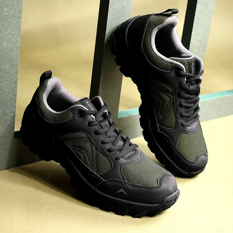Adventra men's low ankle hiking shoes in green, featuring durable sole and supportive design for outdoor trekking.