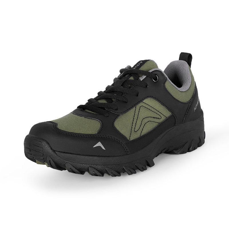 Adventra men's low ankle hiking shoes in green with sturdy soles and breathable fabric, designed for outdoor adventures.