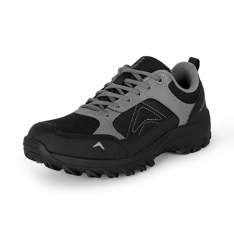 Adventra men's low ankle hiking shoes in gray and black with rugged soles and supportive design for outdoor trail walking.