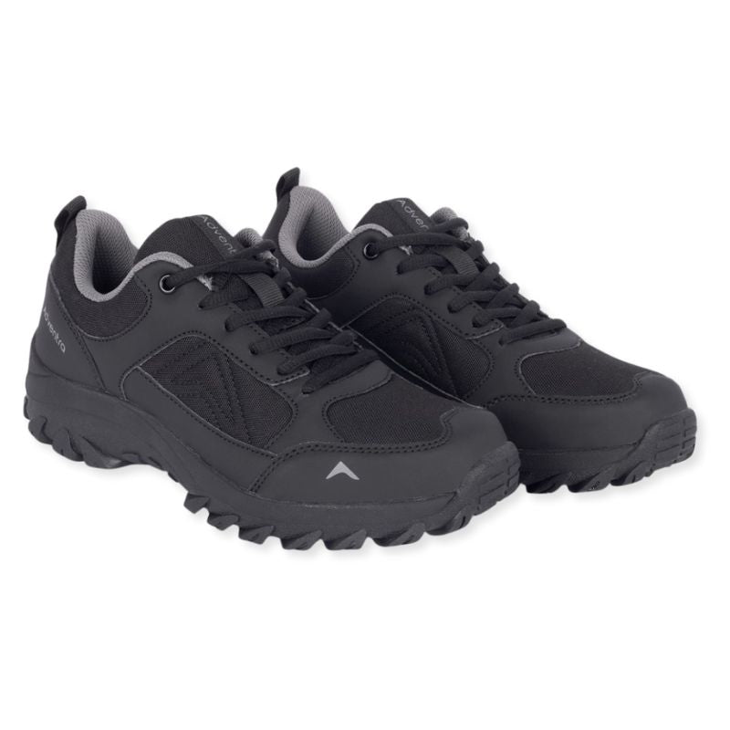 Black Adventra men's low ankle NWP hiking shoes with sturdy soles and breathable mesh upper, designed for outdoor hiking.