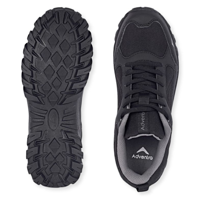 Black Adventra men's low ankle NWP hiking shoes with sturdy design and rugged outsole for outdoor adventures.