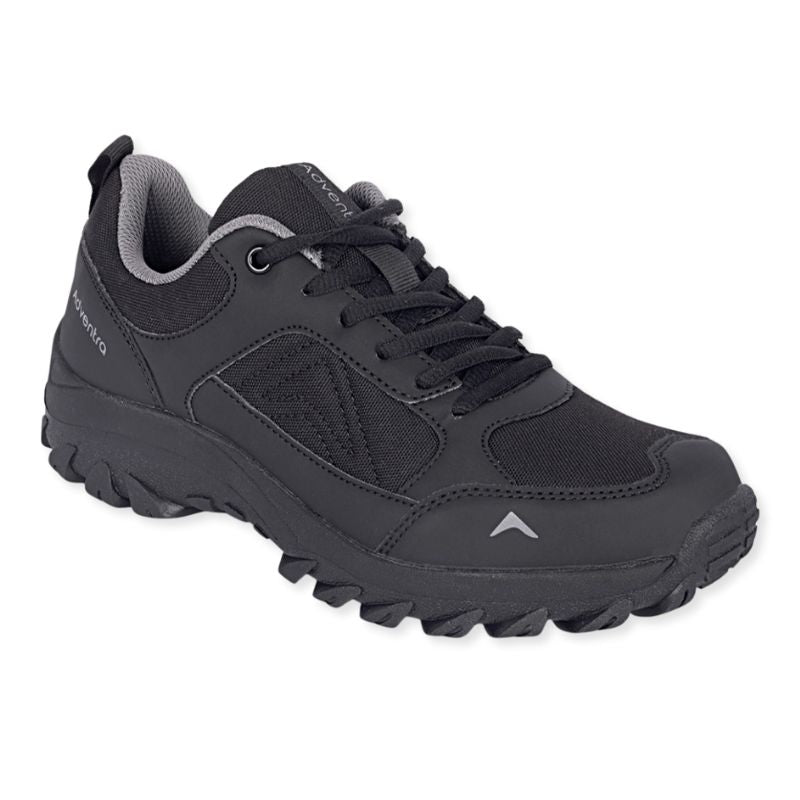 Black Adventra men's low ankle hiking shoes with durable hiking sole and supportive design, ideal for outdoor trekking.