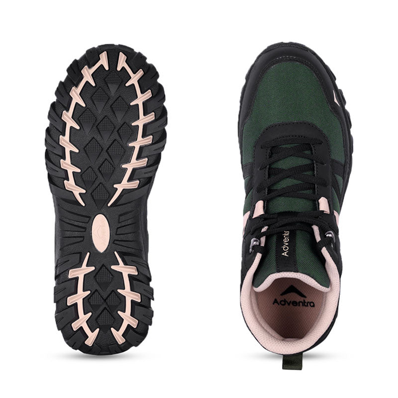 Adventra men's mid ankle hiking shoes in green, featuring durable material and rugged sole for outdoor adventures.