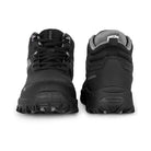 Black Adventra men's mid-ankle hiking shoes with sturdy laces and rugged soles, designed for outdoor hiking and trekking.
