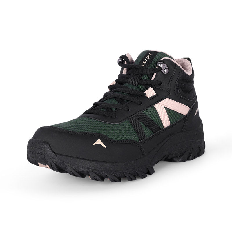Adventra men's mid ankle hiking shoes in green with rugged soles and supportive design, ideal for outdoor trekking.