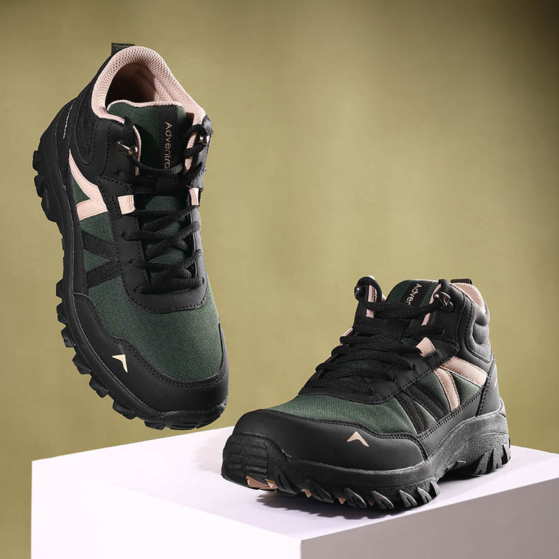 Green Adventra men's mid ankle hiking shoes with durable design and sturdy soles, suitable for outdoor trekking and adventures.