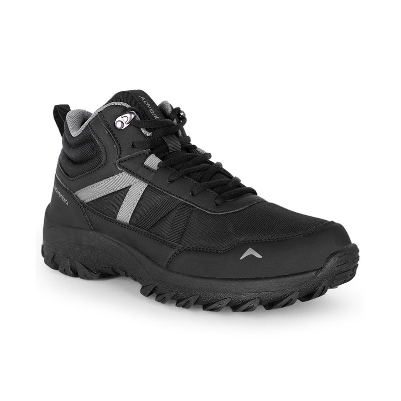Black Adventra men's mid ankle hiking shoes with sturdy design and breathable material, ideal for outdoor adventures.
