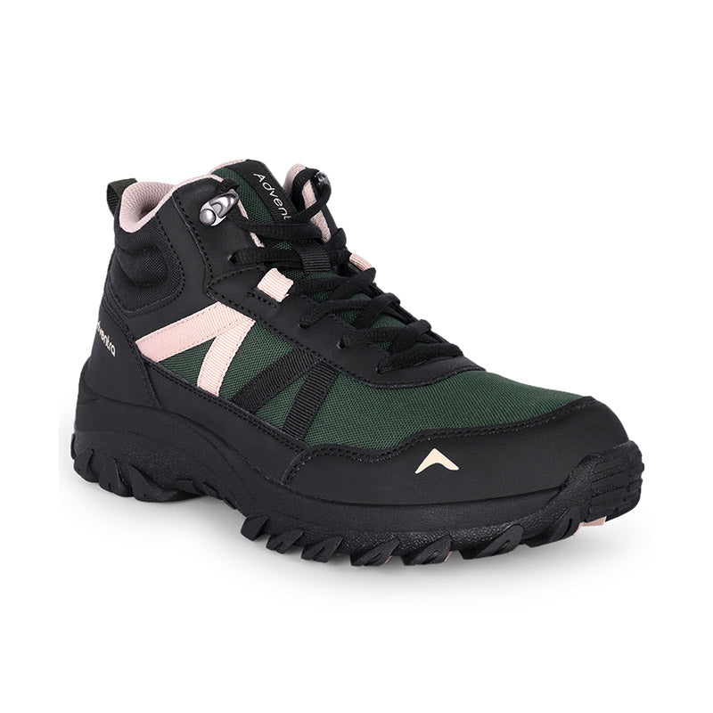 Green Adventra men's mid ankle hiking shoes with sturdy soles and breathable material, designed for outdoor adventures.