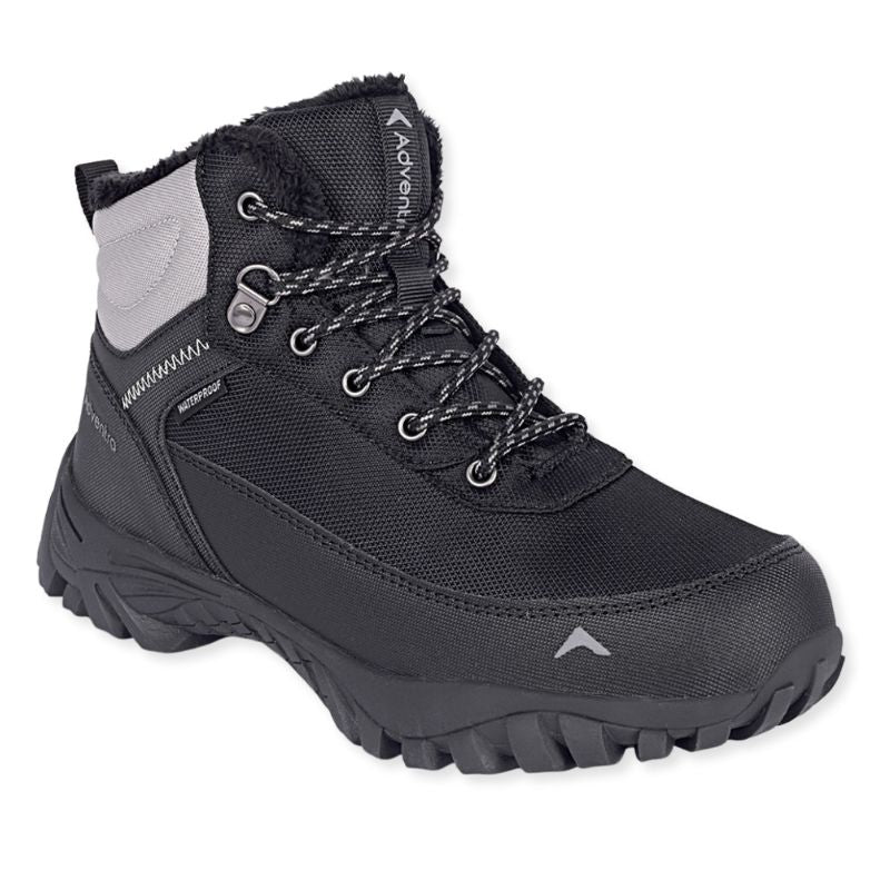Black Adventra men's waterproof hiking shoes with sturdy soles and padded ankle support, designed for outdoor adventures.