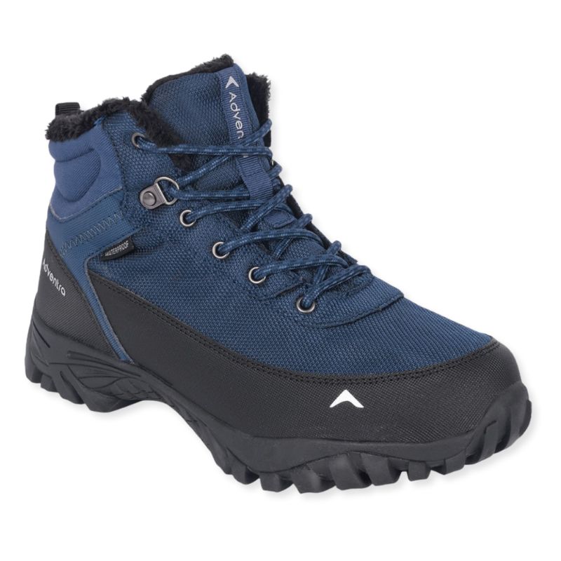 Adventra men's waterproof hiking boots in blue, featuring sturdy soles and padded ankle support for outdoor trekking.