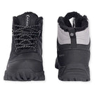 Black Adventra men's waterproof hiking shoes with sturdy soles and padded ankles, ideal for outdoor trekking and rugged terrains.
