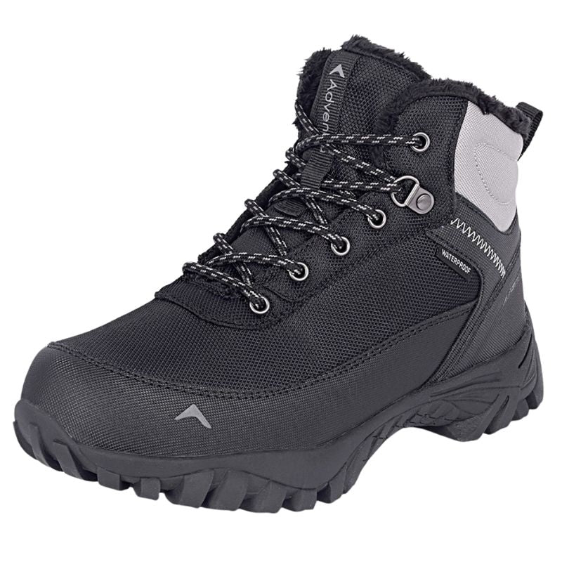 Black Adventra men's waterproof hiking shoes with warm lining and sturdy soles, ideal for outdoor trekking and rugged terrain.