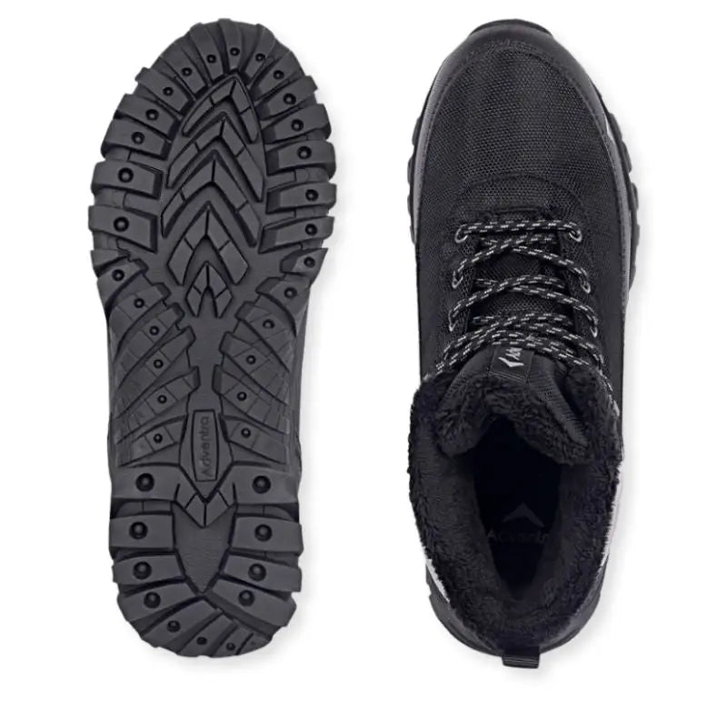 Black Adventra men's waterproof hiking shoes with sturdy soles and padded ankle support, designed for outdoor adventures.