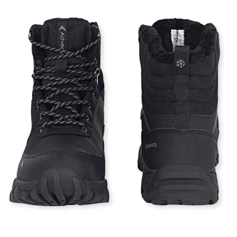 Black Adventra men's waterproof hiking boots with sturdy soles and padded ankle support, designed for outdoor adventures.