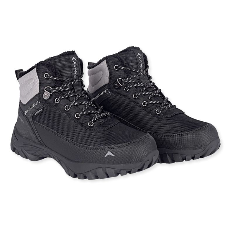 Black Adventra men's waterproof hiking shoes with sturdy soles and insulated design, ideal for outdoor adventures.
