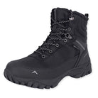 Black Adventra men's waterproof hiking shoes with sturdy soles and padded ankle support, designed for outdoor trekking.