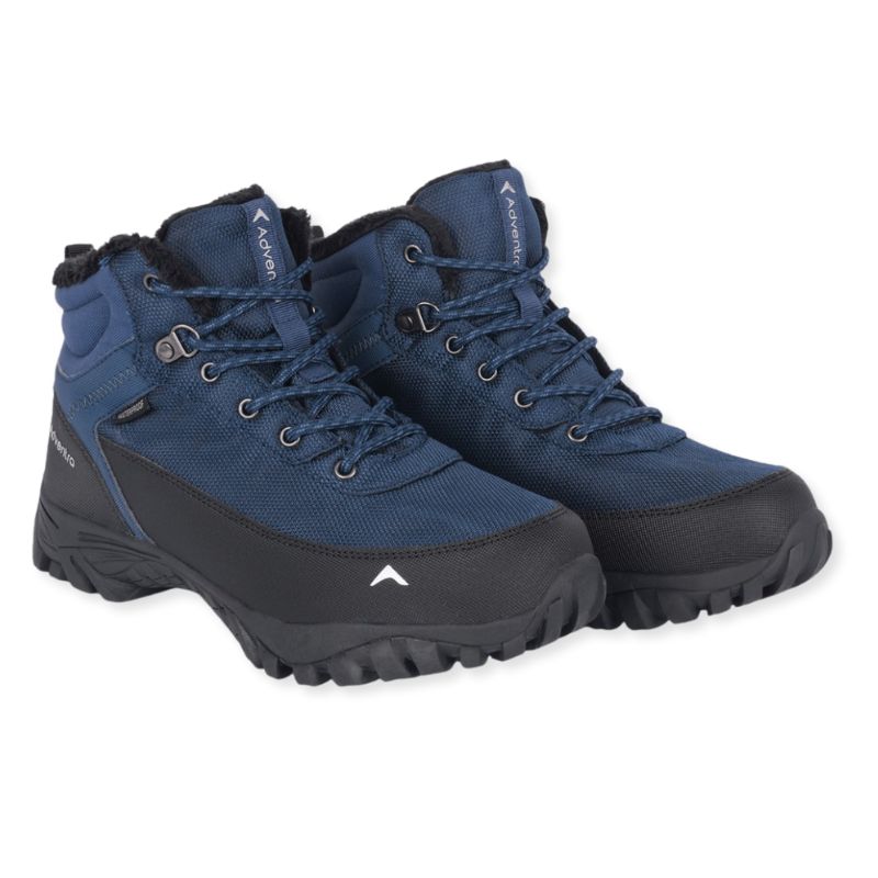 Blue Adventra men's waterproof hiking shoes with warm insulation, rugged outsole, and supportive ankle design.