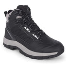 Black Adventra men's waterproof hiking mid-ankle shoes with warm lining and rugged sole for outdoor trekking.