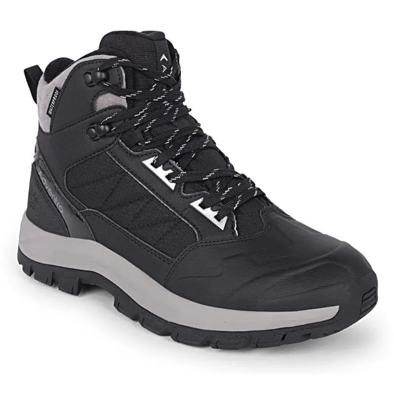 Black Adventra men's waterproof hiking mid-ankle shoes with warm lining and rugged sole for outdoor trekking.