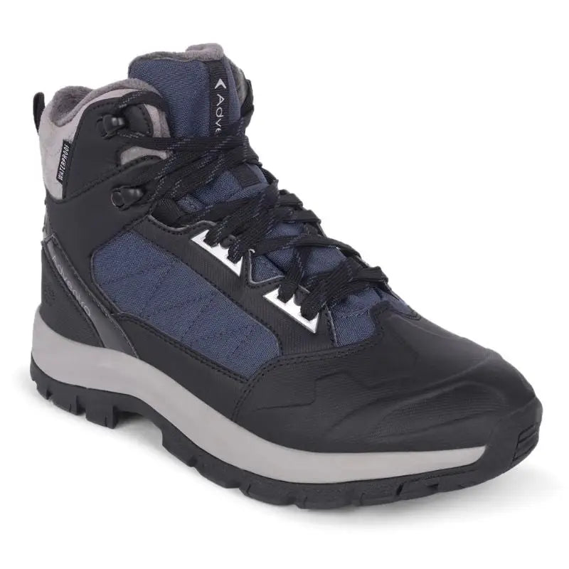 Blue Adventra men's waterproof hiking mid-ankle shoes with warm lining and rugged soles, ideal for outdoor adventures.