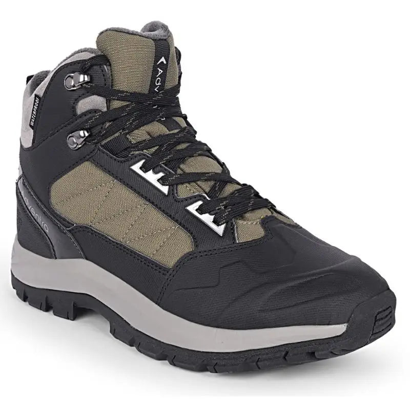 Adventra men's waterproof hiking mid-ankle shoes with durable green leather and rugged sole for outdoor trekking.