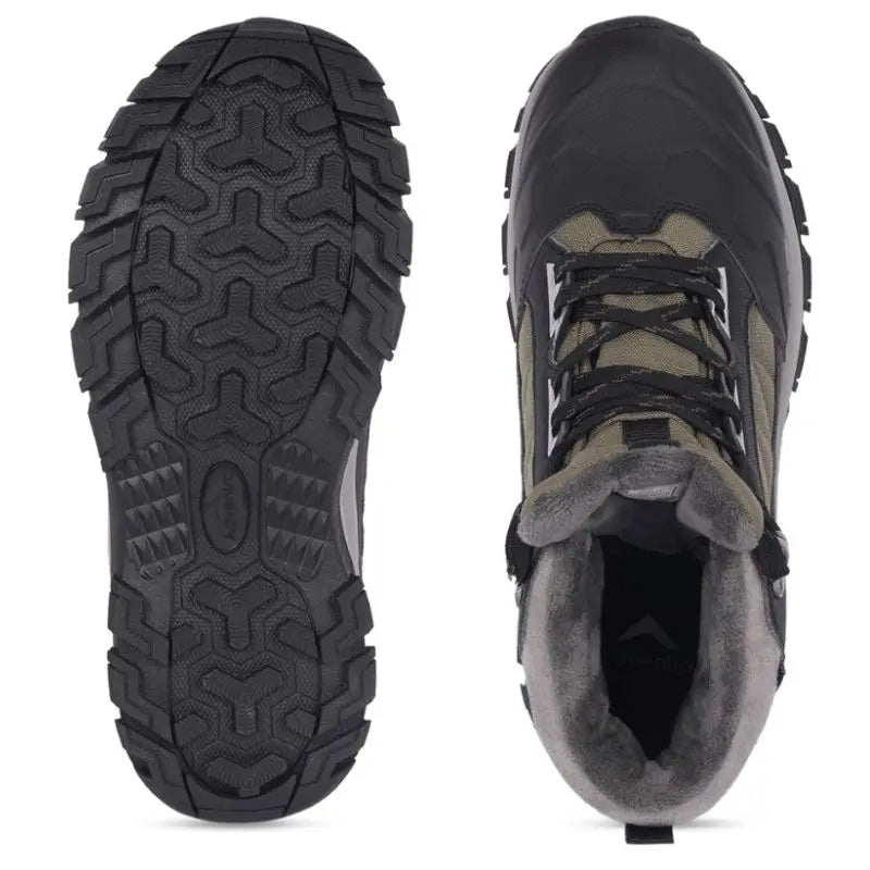Adventra men's waterproof hiking mid-ankle shoes in green with rugged soles, designed for outdoor trekking and comfort.