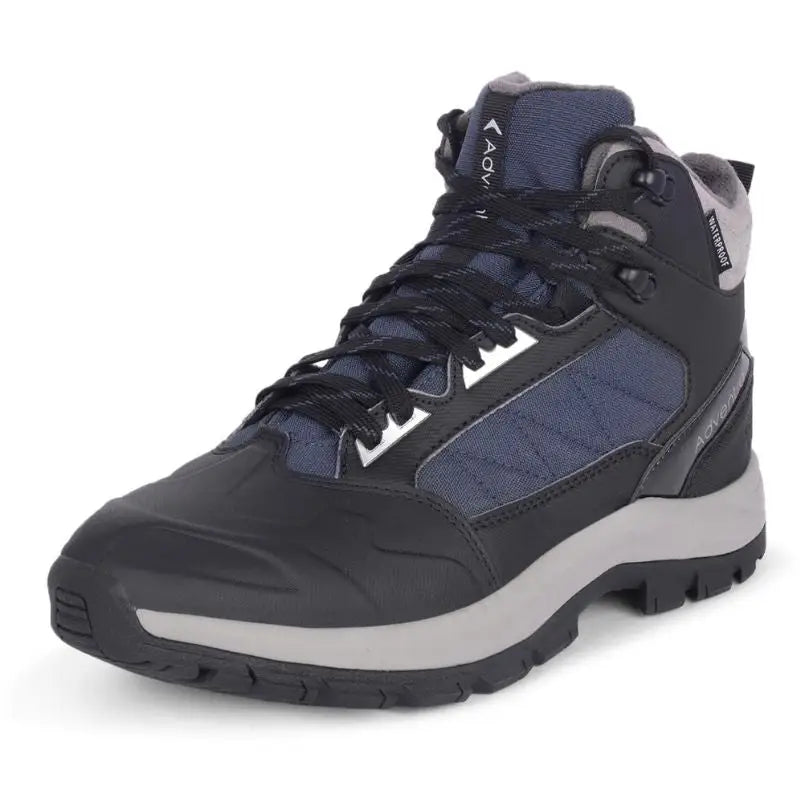 Blue Adventra men's waterproof hiking mid-ankle shoes with sturdy soles and supportive design for outdoor trekking adventures.