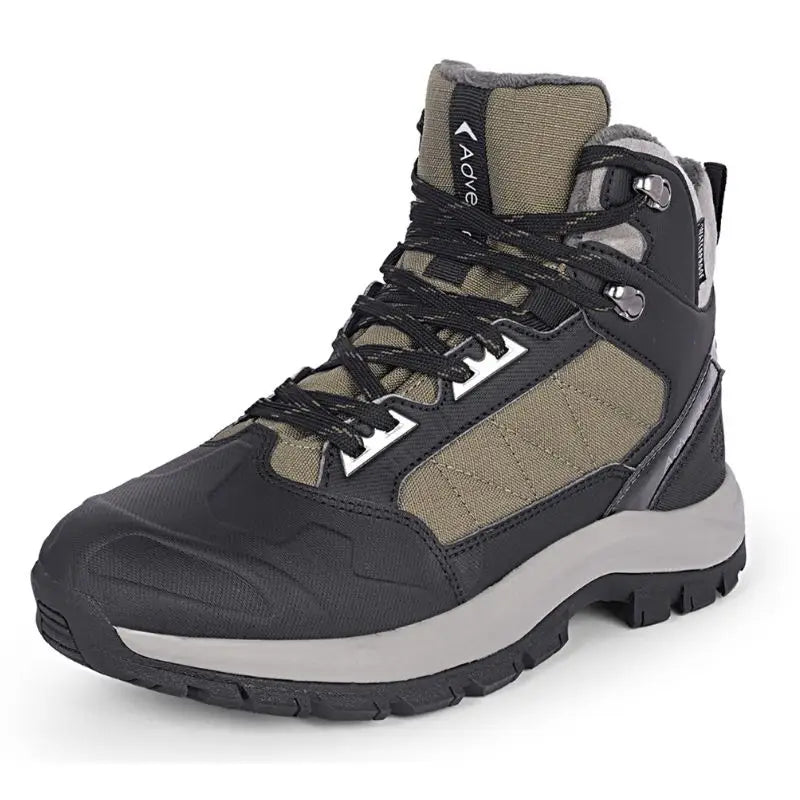 Adventra men's waterproof hiking mid-ankle shoes in green with rugged soles and padded ankle support for outdoor trekking.