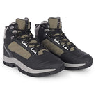 Adventra men's waterproof hiking mid-ankle shoes in green with rugged soles and padded ankle support, designed for outdoor trekking.