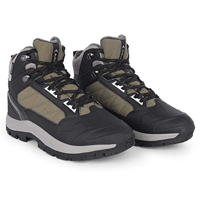 Adventra men's waterproof hiking mid-ankle shoes in green with rugged soles and padded ankle support, designed for outdoor trekking.