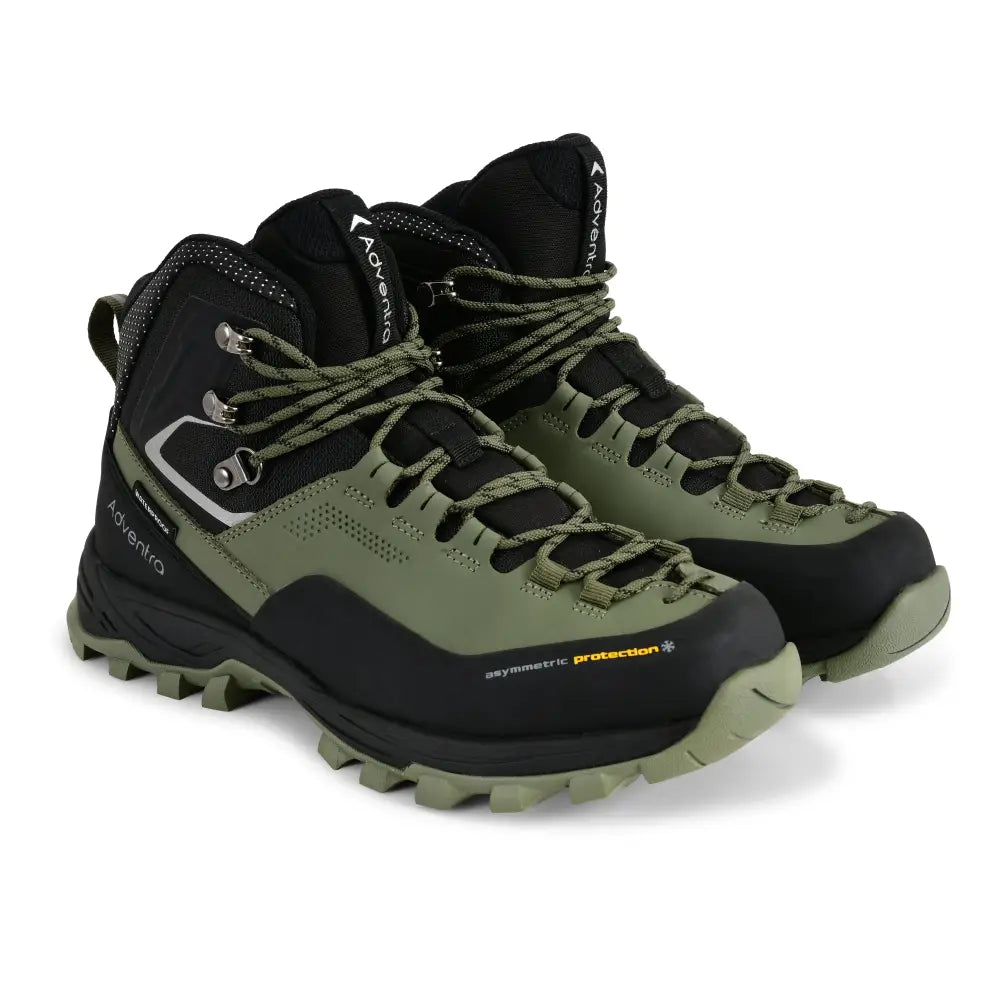 Adventra men's waterproof winter hiking mid ankle boots in green, with rugged soles and padded ankle support for cold weather outdoor hiking