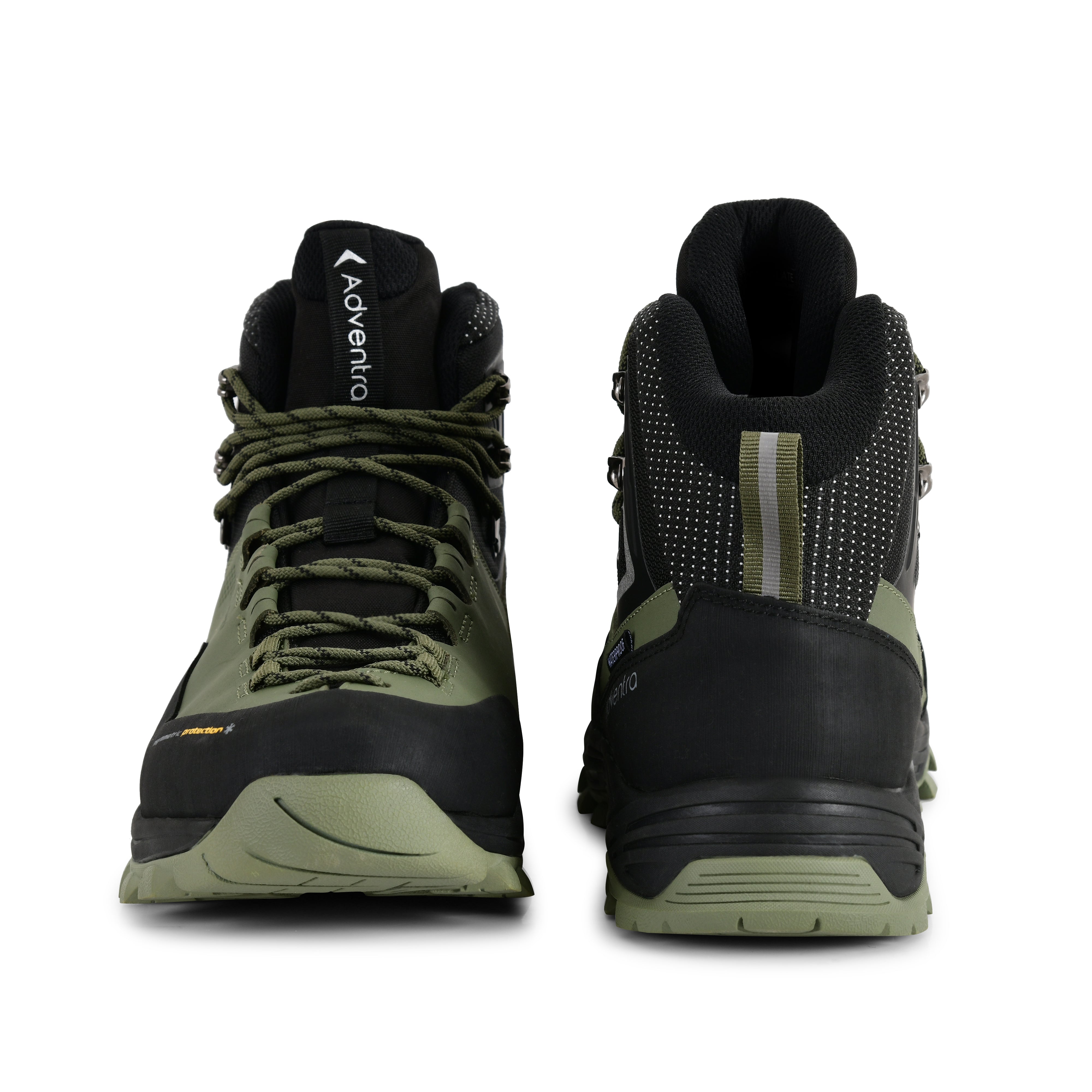 Adventra men's waterproof winter hiking mid-ankle shoes in green with sturdy soles and padded ankle support.