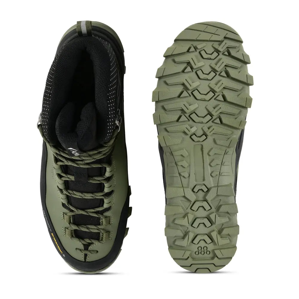 Adventra men's waterproof winter hiking mid-ankle shoes with warm lining, rugged soles, and green exterior for outdoor trekking.
