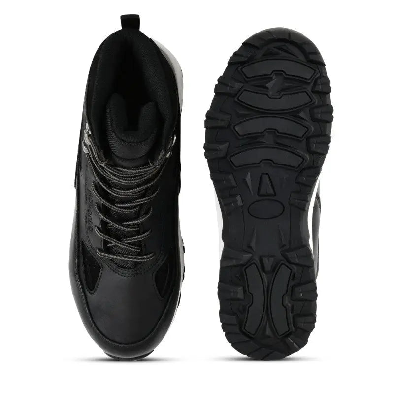 Black Adventra men's waterproof edge mid-high ankle trekking shoes with sturdy sole and breathable design for outdoor hiking.
