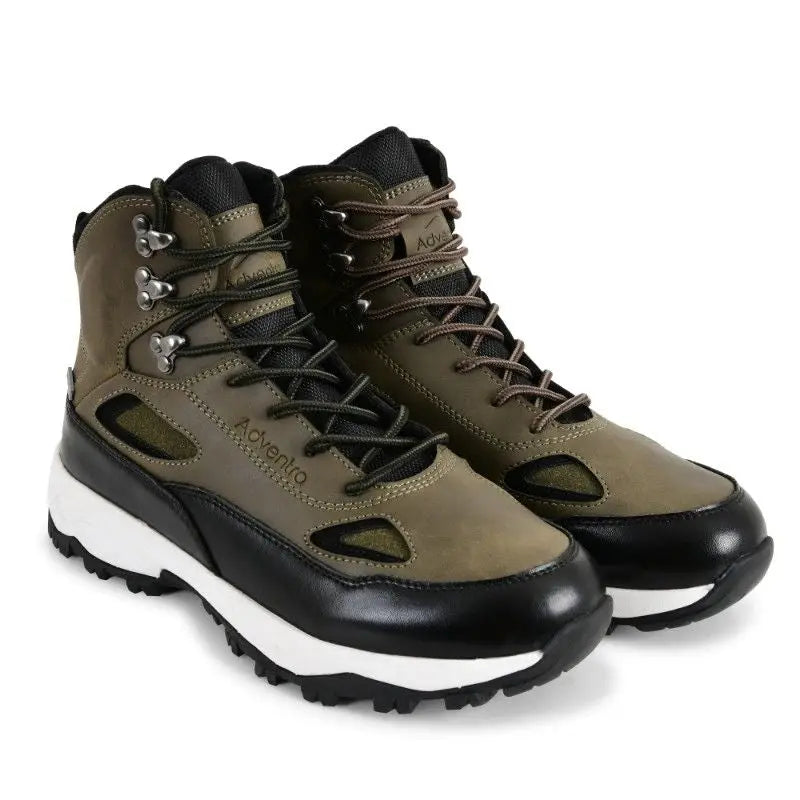 Adventra men's waterproof edge mid-high ankle trekking shoes in dark green with rugged soles and supportive design.