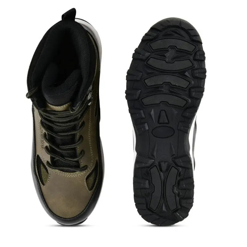 Adventra men's waterproof edge mid-high ankle trekking shoes in green with rugged sole and supportive design.