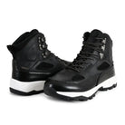 Black Adventra men's waterproof edge mid-high ankle trekking shoes with rugged soles and supportive design.