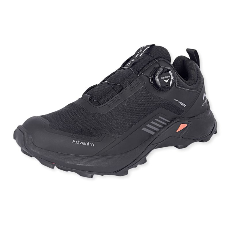 Adventra men's waterproof hiking shoes with low ankle design and ultra grip soles, black color, suitable for outdoor trekking.