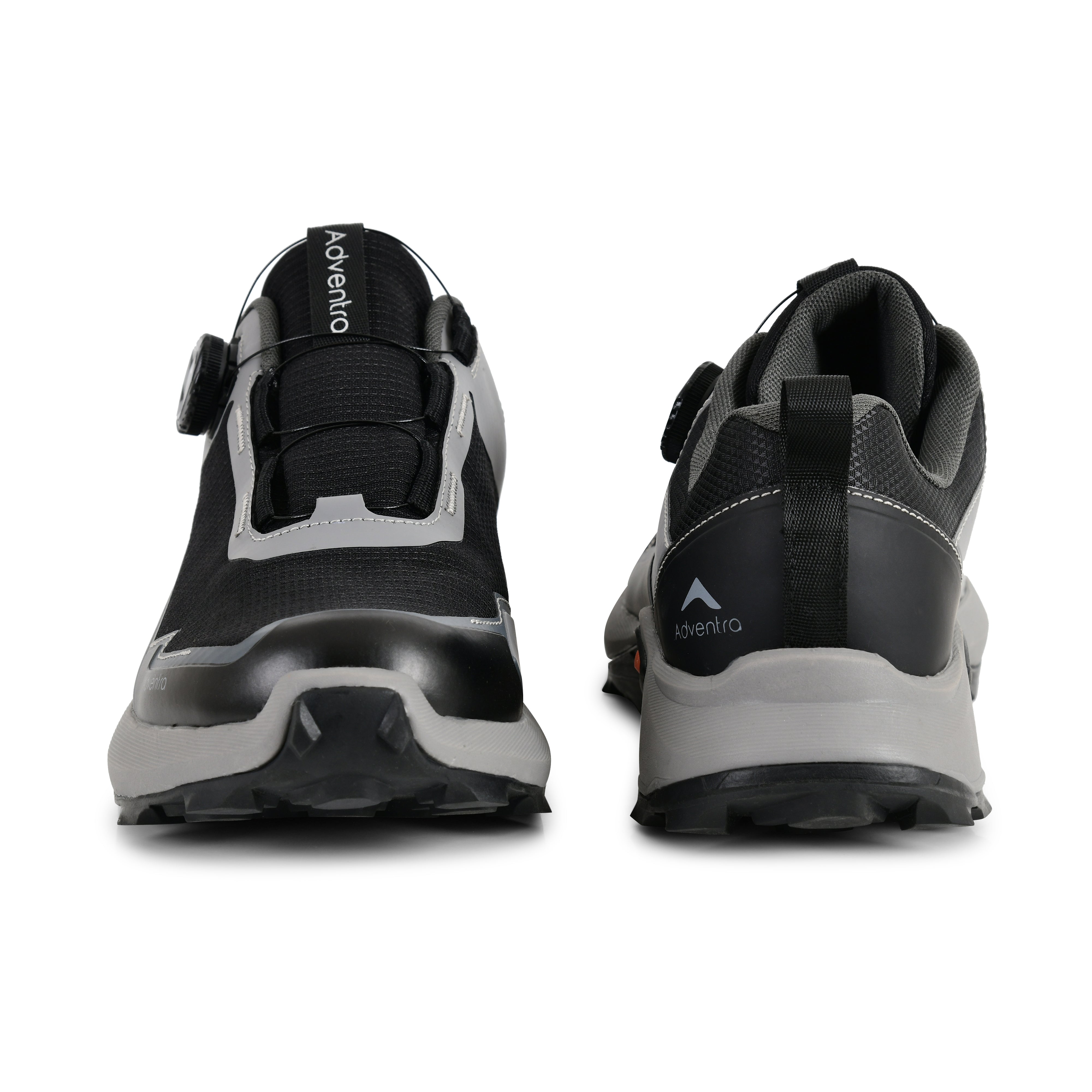 Adventra men's waterproof hiking shoes in black and gray with low ankle design and ultra grip sole, suitable for outdoor adventures.