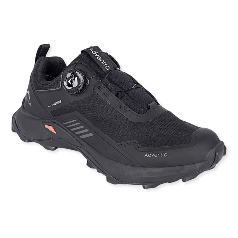 Black Adventra men's waterproof hiking shoes with low ankle design and ultra grip sole, ideal for outdoor trekking and rugged terrain.