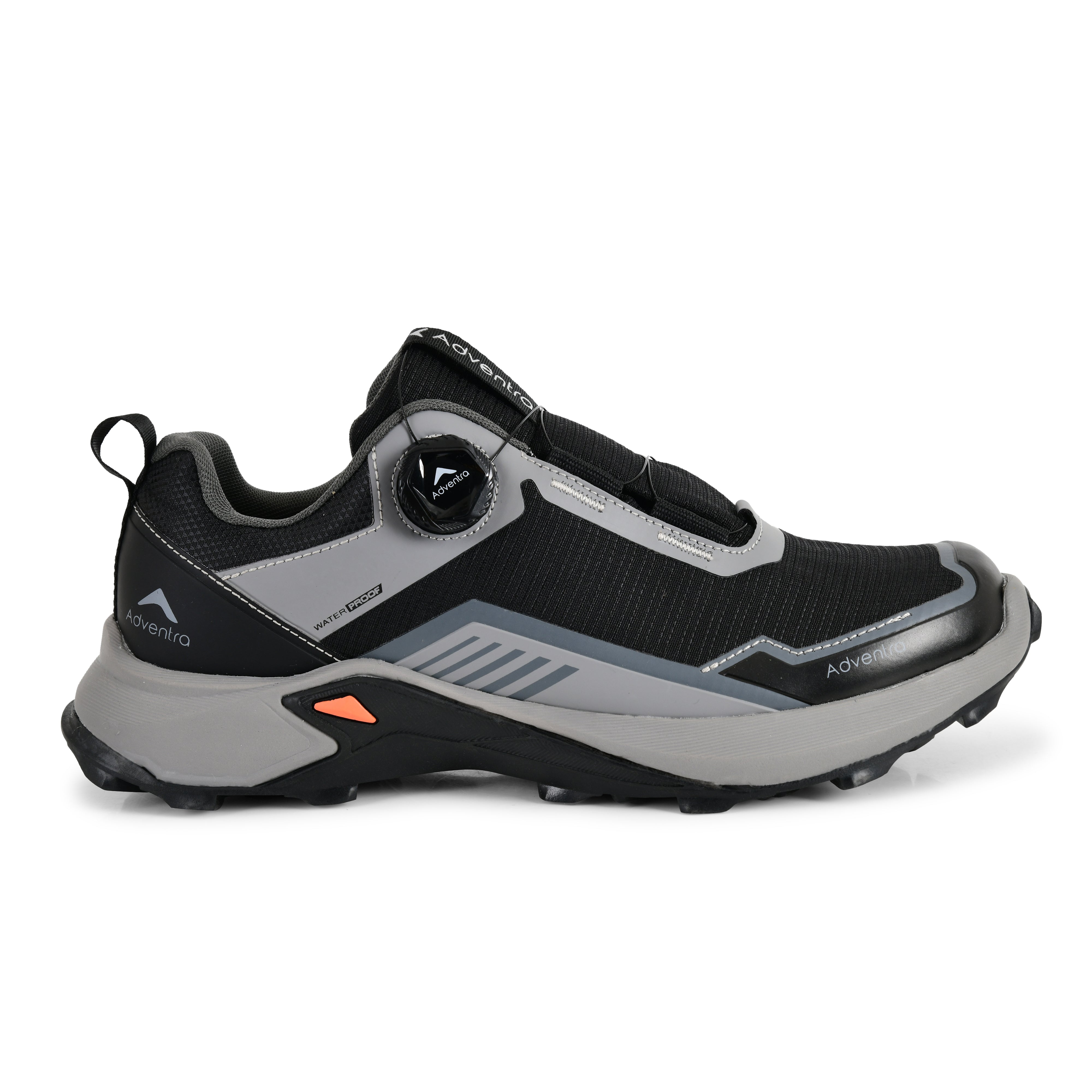 Adventra men's waterproof hiking shoes with low ankle design and ultra grip soles, in black and gray for outdoor trekking.