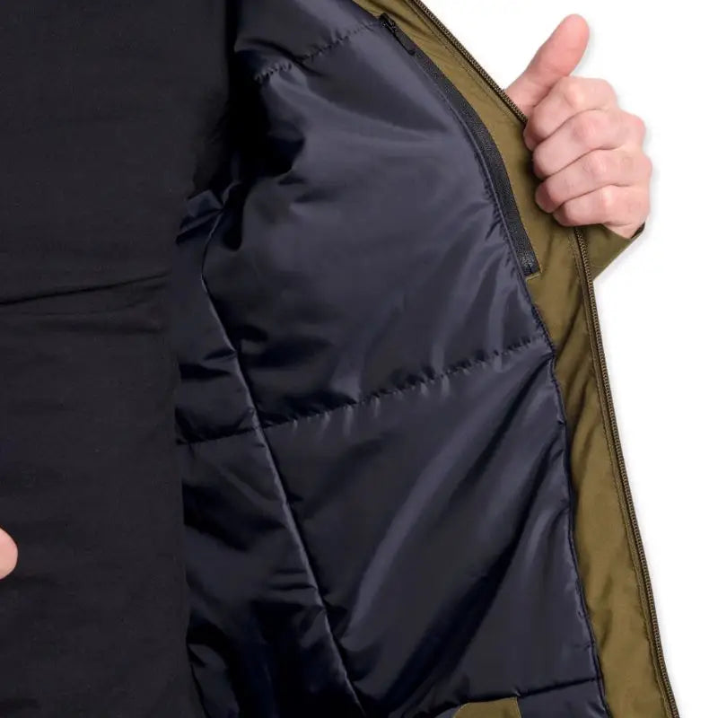 Green Adventra men's waterproof winter hiking jacket with hood, designed for cold weather up to -10°C, outdoor activity gear.