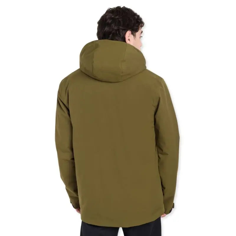 Green Adventra men's waterproof winter hiking jacket with hood, insulated for cold weather, suitable for temperatures down to -10°C.