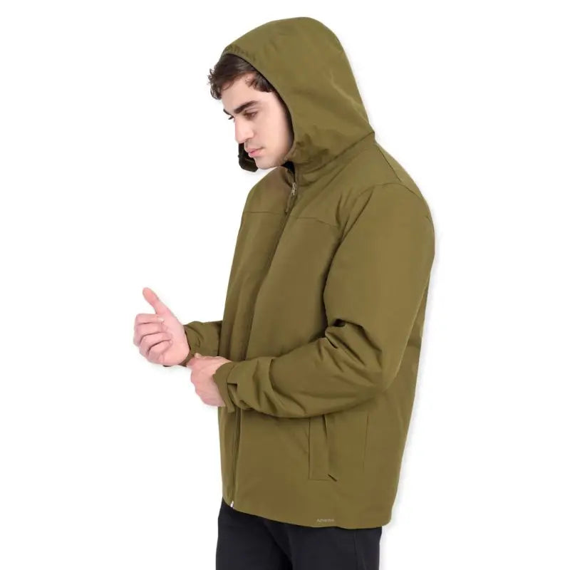 Green Adventra men's waterproof winter hiking jacket designed for cold weather up to -10°C, featuring a durable outdoor jacket style.