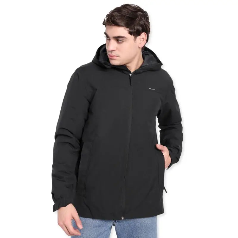 Black Adventra men's waterproof winter hiking jacket designed for cold weather, featuring a durable, insulated outdoor jacket for winter hikes.
