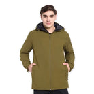 Green Adventra men's waterproof winter hiking jacket with hood, insulated for cold weather, designed for outdoor winter activities.