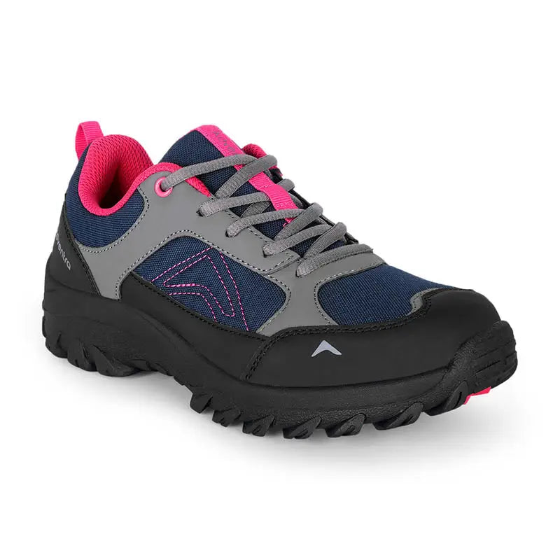 Adventra women's low ankle hiking shoes in pink, featuring durable outsole and supportive design for outdoor adventures.