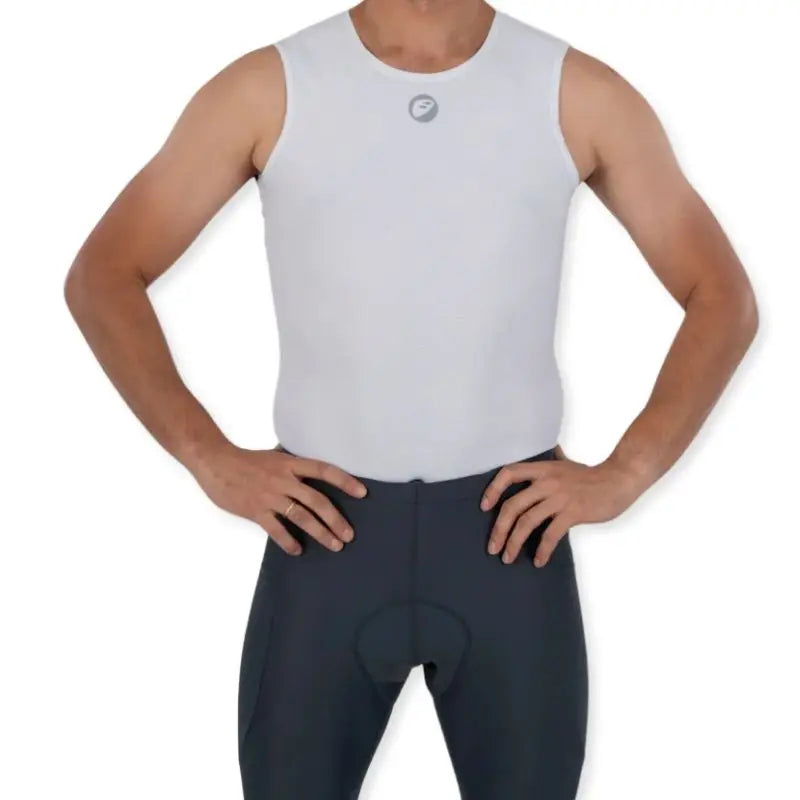 Apace men's cycling baselayer mesh cooling shirt in white, designed for breathability and moisture-wicking during rides.